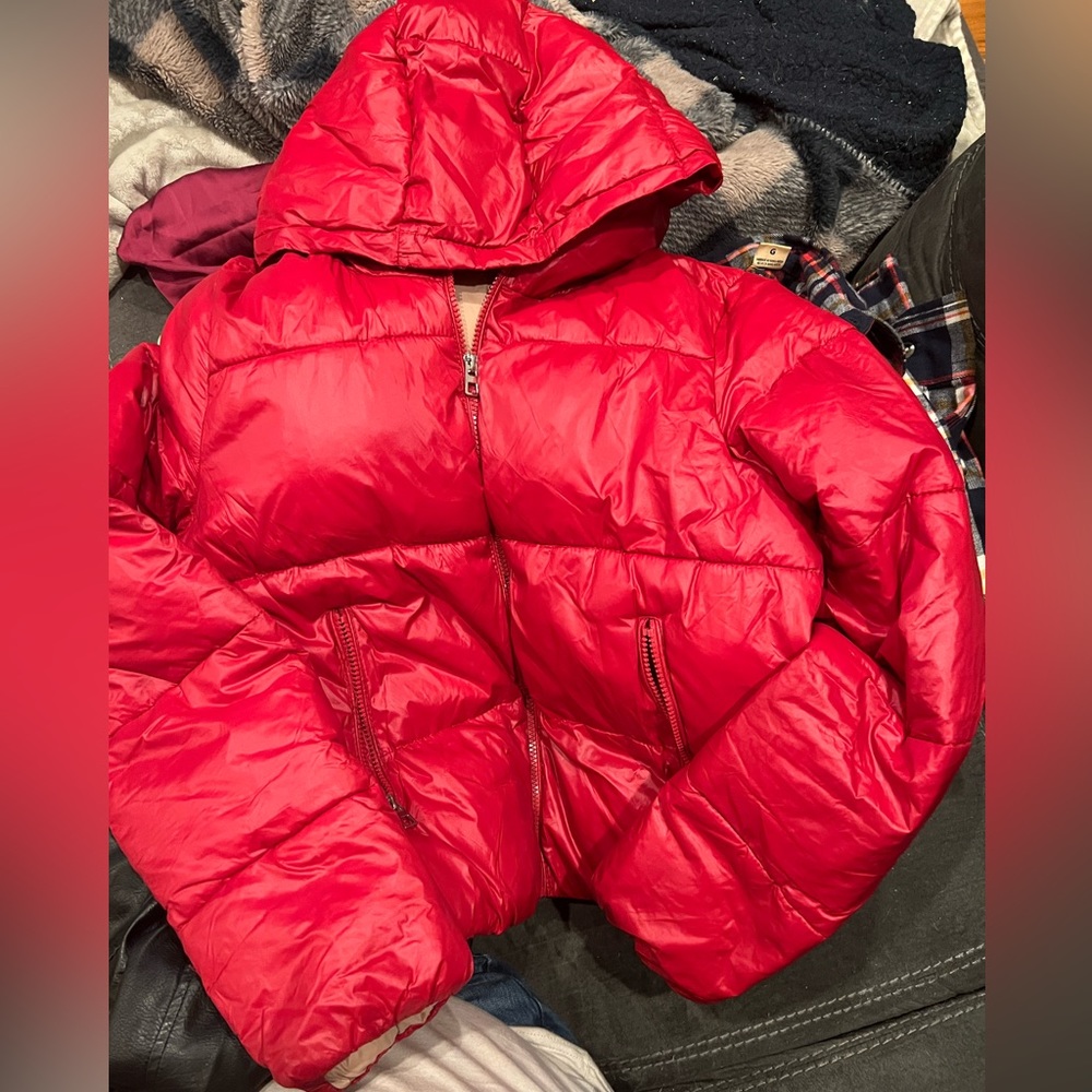 Red puffer jacket size large a few teeth missing on zipper but still works